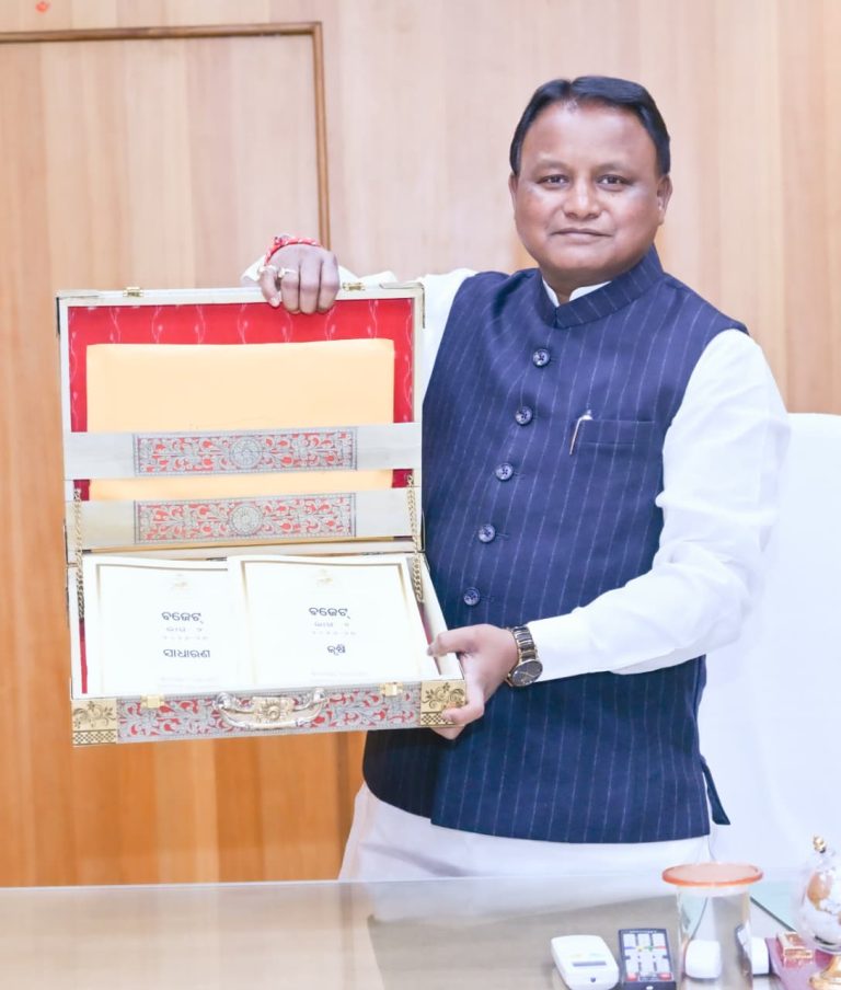Chief Minister Shri Mohan Charan Majhi coming out of his residence to present the general budget 2026-27 on 20 February 2026